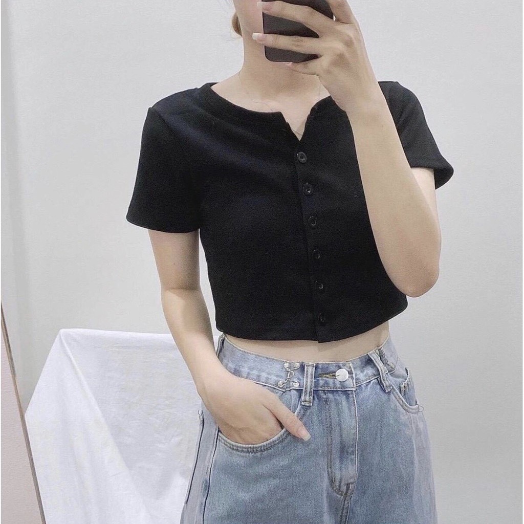 áo croptop thun nữ cộc tay cài khuy chất cotton cá tính