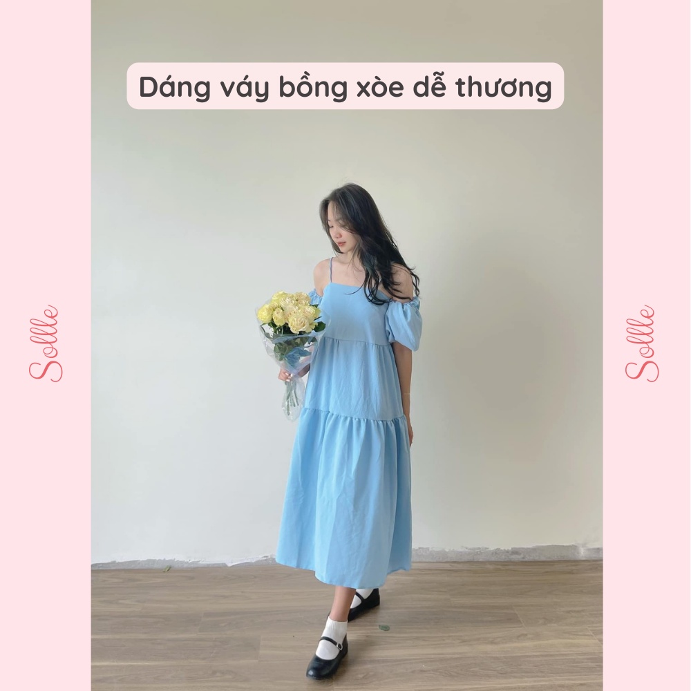 Đầm babydoll váy 2 dây maxi tay bồng rời dáng dài buộc nơ mặc được nhiều kiểu Sollle