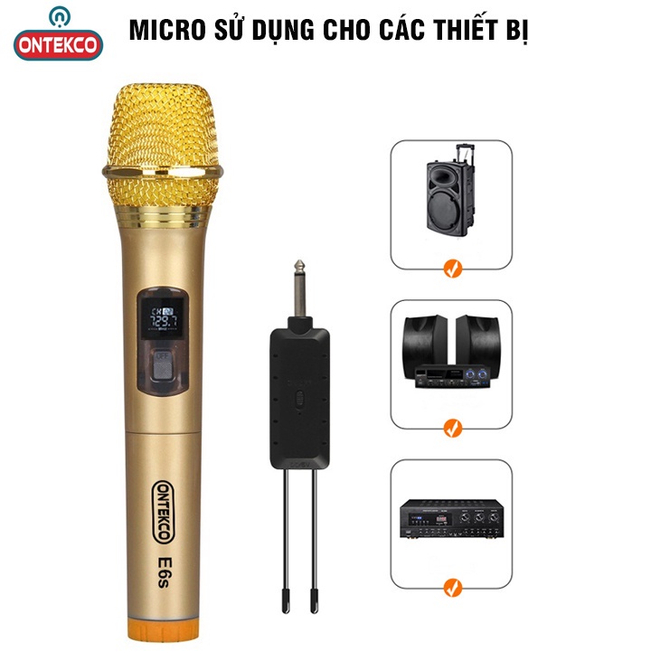 Bộ 02 Micro không dây karaoke ONTEK E6s gold bản cao cấp Chuyên Dành Cho Mọi Loa Kéo, Âm Ly, Tần Số 50, Hát Nhẹ Êm