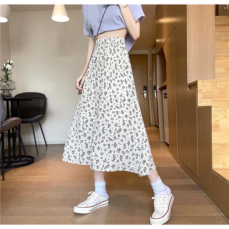 Chân Váy Chữ A Lưng Cao Họa Tiết Hoa Phong Cách Hàn Quốc