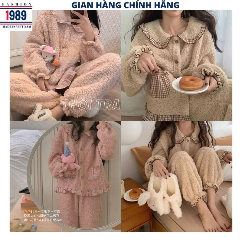 Bộ lông cừu túi kẻ nữ bánh Bèo siêu ấm, bộ mặc nhà ❤ đồ ngủ mùa đông giữ nhiệt tốt kute dễ thương -PHƯƠNG 1989