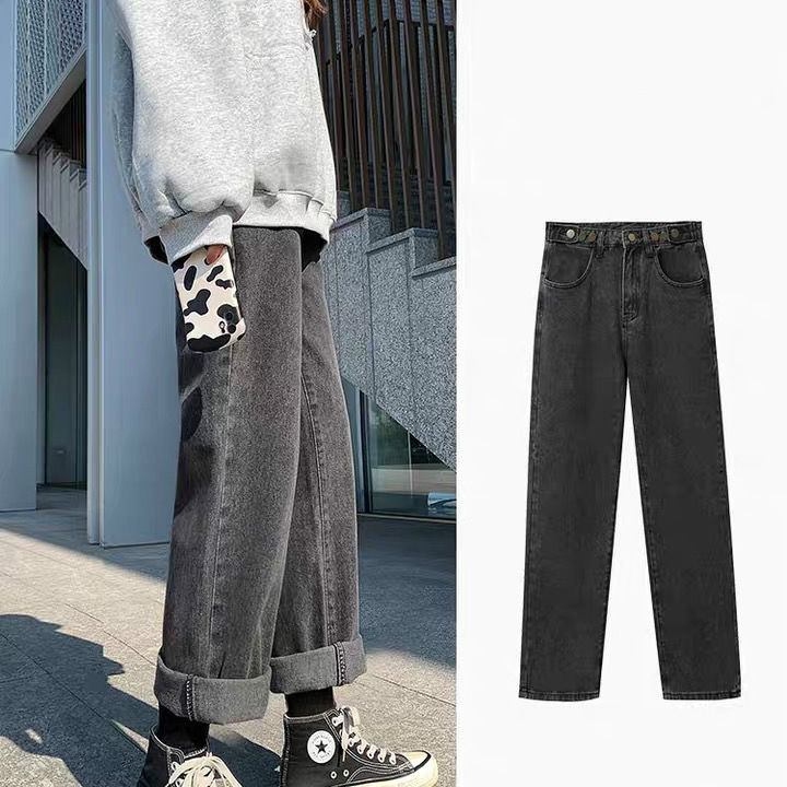 Quần jeans nữ eo cao ống rộng thời trang năng động trẻ trung