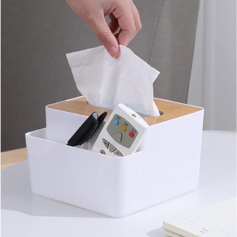 Hộp Đựng Giấy Ăn 3 Ngăn Nắp Vân Gỗ - Để Điều Khiển Tivi Sang Trọng Tiện Lợi