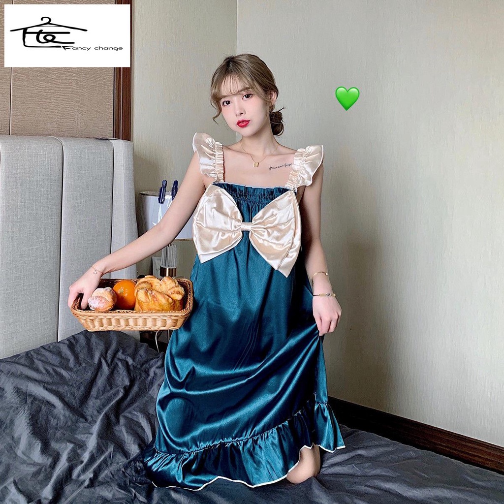 Đầm Ngủ Hai Dây Bằng Lụa Băng Đính Nơ Dễ Thương Dành Cho Nữ