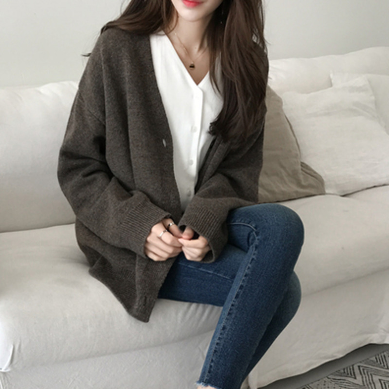 Áo khoác Sweater mỏng tay dài dáng rộng màu trơn phong cách Hàn Quốc retro