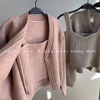 Set áo cardigan len 1 cúc kèm áo 2 dây len bản to