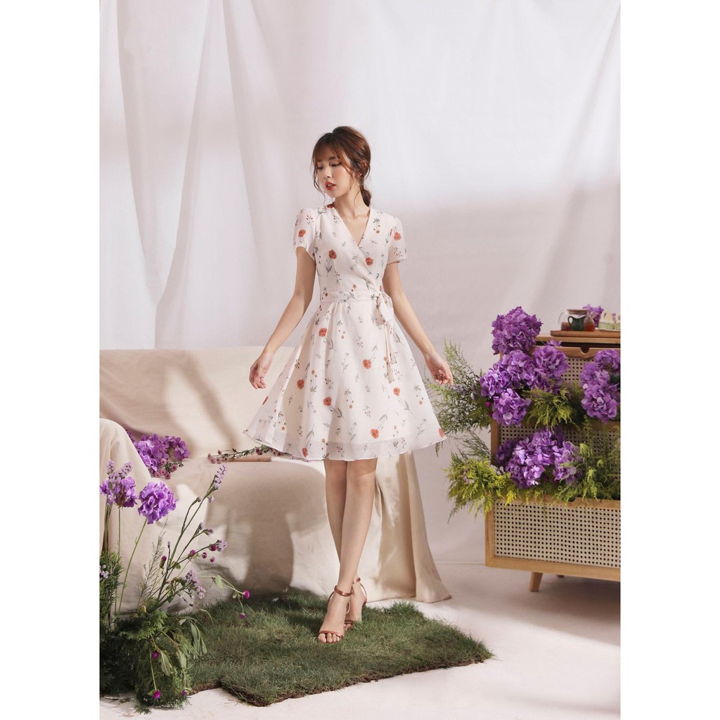 Đầm thiết kế dáng wrap cổ V, Váy trắng họa tiết hoa chất liệu tơ xước 2 lớp e1078 [Ảnh Thật] | BigBuy360 - bigbuy360.vn