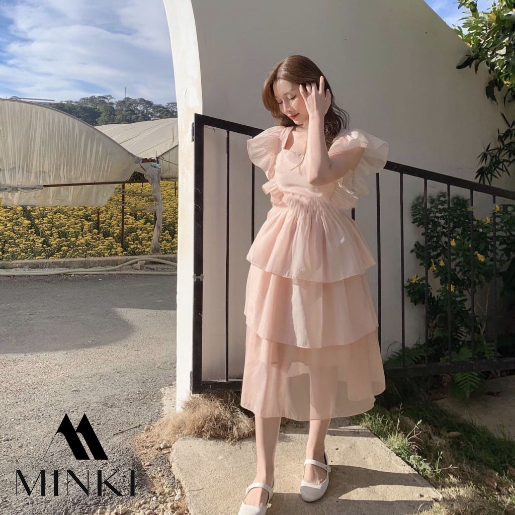 ĐẦM HỒNG XẾP LI VAI 3 TẦNG CỘT VAI - CHẤT LIỆU CAO CẤP - MÀU HỒNG TIỂU THƯ