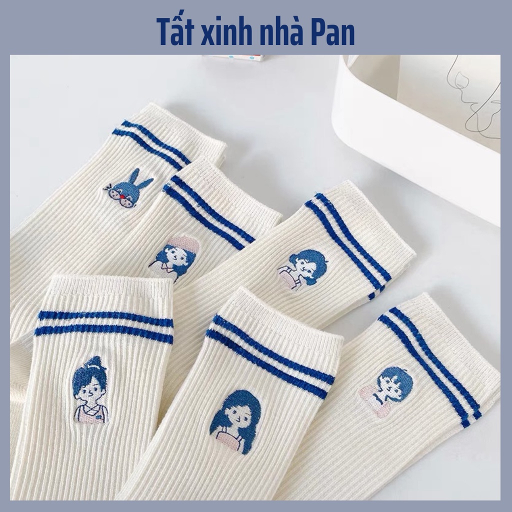 Tất Thêu Hình Cô Gái Sọc Xanh cao cổ cotton