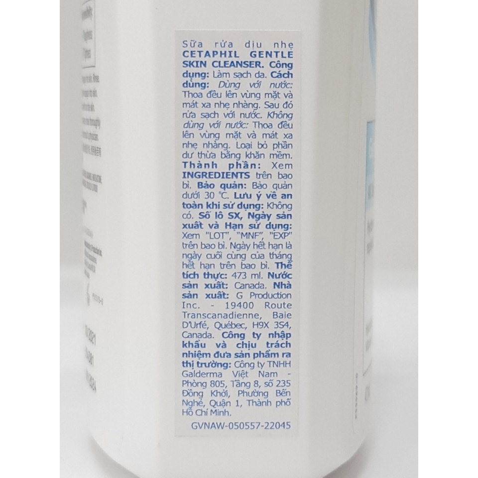 Sữa Rửa Mặt Dịu Nhẹ CETAPHIL Gentle Skin Cleanser 473ml