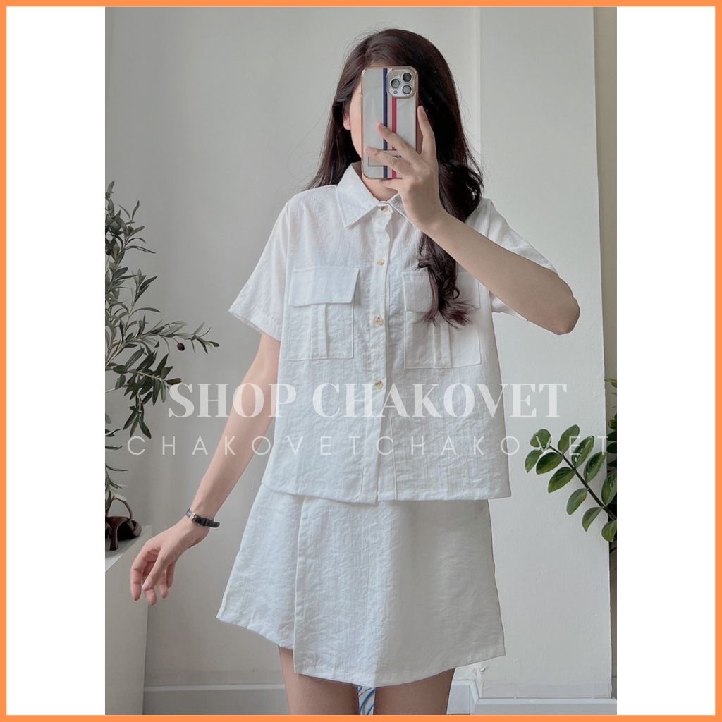 Set đồ nữ mùa hè đi biển S8288, bộ set sơ mi quần đùi giả váy áo cộc tay 2 túi sang chảnh cá tính freesize - CHAKOVET