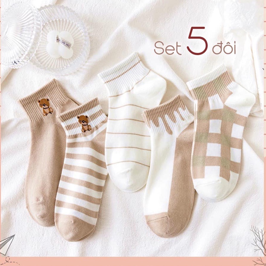 SET 5 ĐÔI TẤT KẺ PHỐI MÀU CỔ NGẮN PHONG CÁCH HÀN QUỐC SIÊU ĐẸP