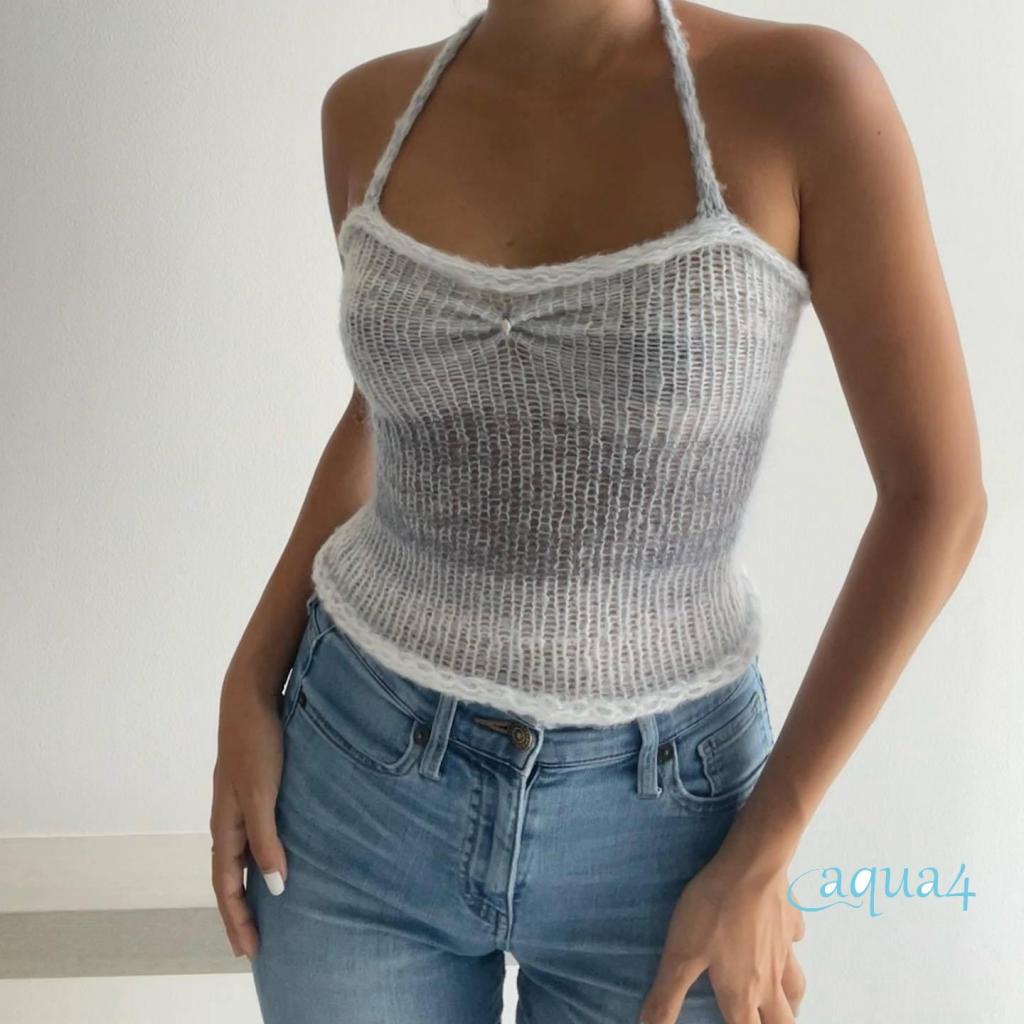 Áo Crop Top Hai Dây Dệt Kim Mini Hở Lưng Phong Cách Vintage Đáng Yêu Thời Trang Mùa Hè 2000s Cho Nữ