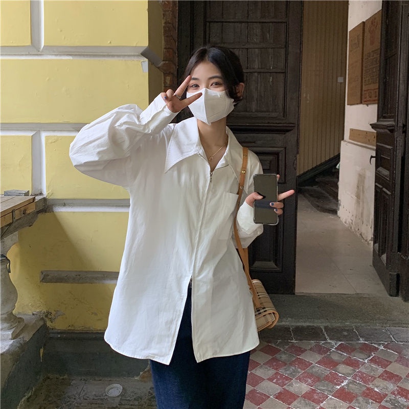 Áo sơ mi trắng dáng rộng phối khóa kéo thời trang mùa thu mới cho nữ