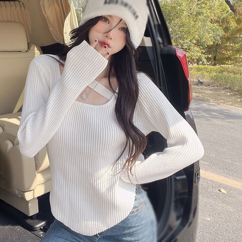 Áo Sweater Dệt Kim Tay Dài Dáng Ôm Màu Sắc Trơn Gợi Cảm Cho Nữ