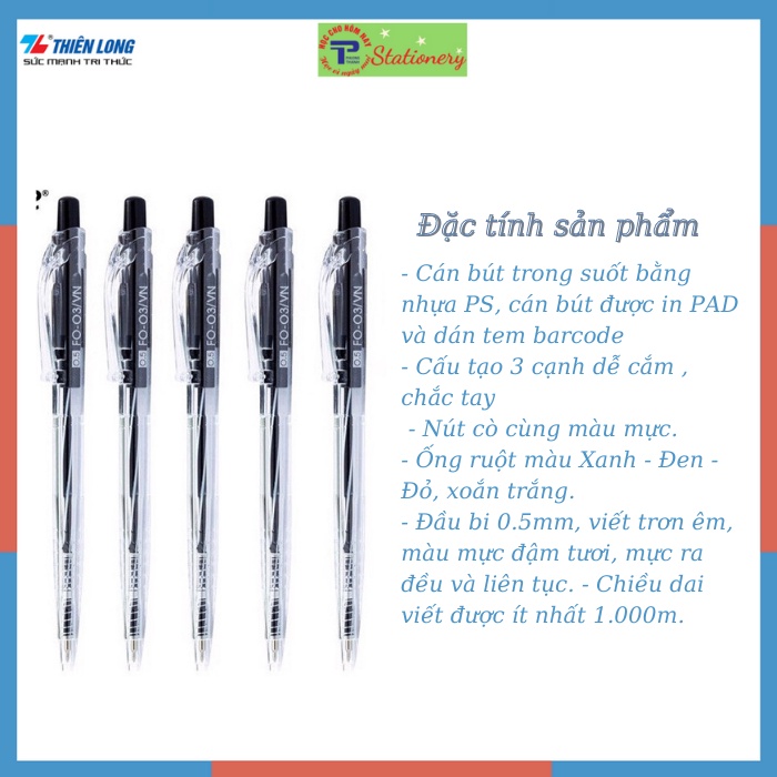 Bút bi FO03 Thiên Long, ngòi 0,5mm, viết trơn, mực đều màu xanh đen đỏ, hàng chính hãng Flexoffice- Thiên Long