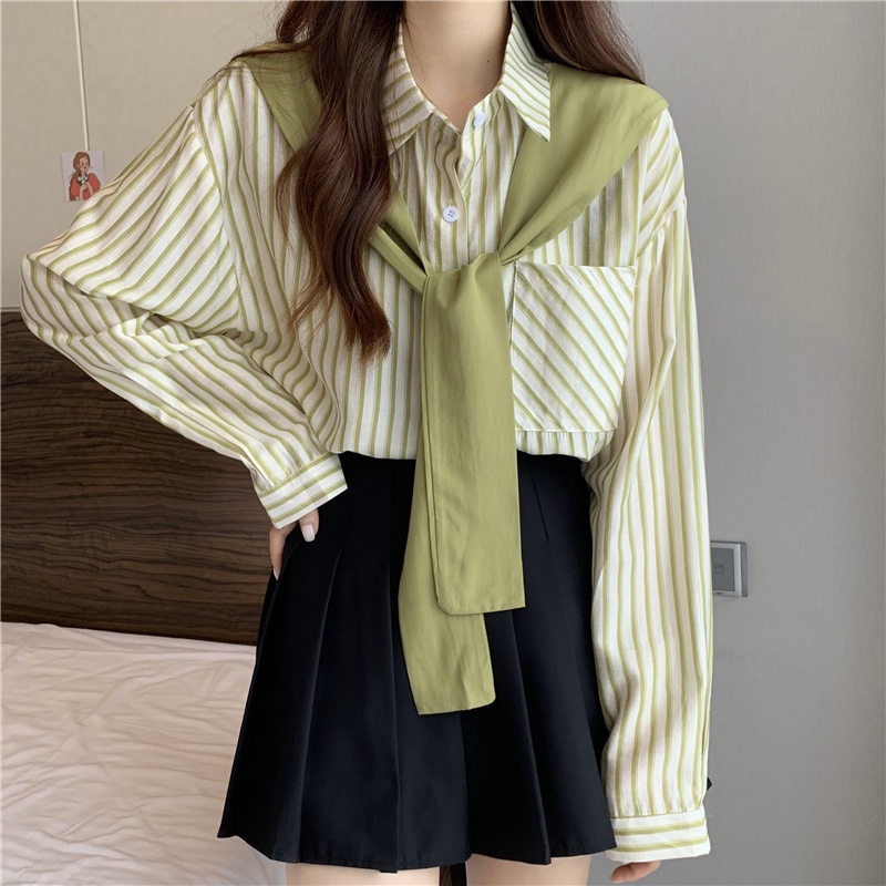 Áo Sơ Mi Dài Tay Giả Hai Lớp Dáng Rộng Họa Tiết Kẻ Sọc Thời Trang Mùa Thu Mới Cho Nữ