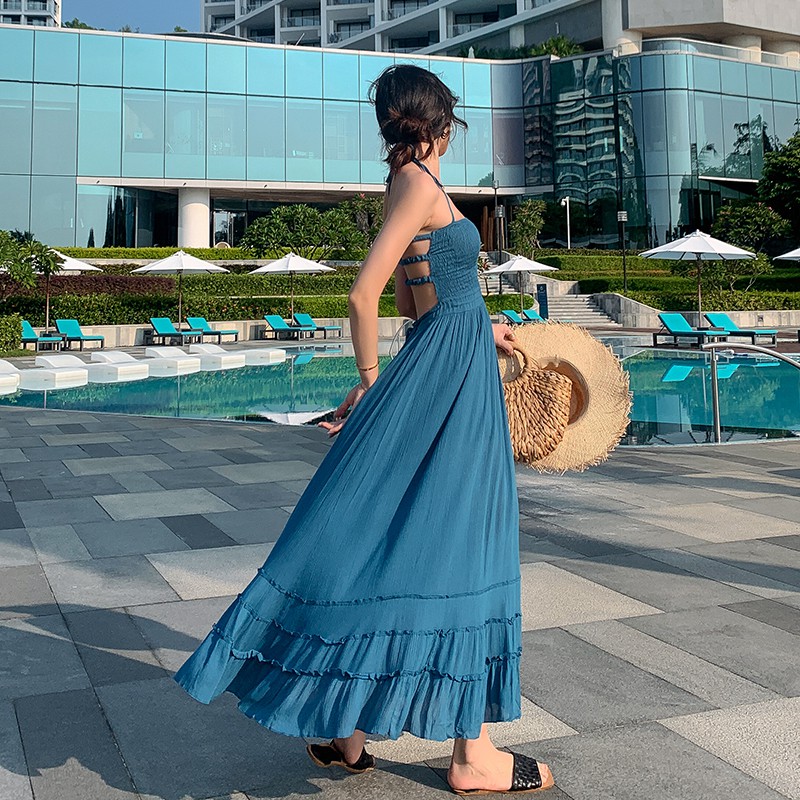 JANE'S Đầm maxi đi biển hở lưng Xanh Pastel thời thượng C2 kèn feelback  khách tặng shop | BigBuy360 - bigbuy360.vn