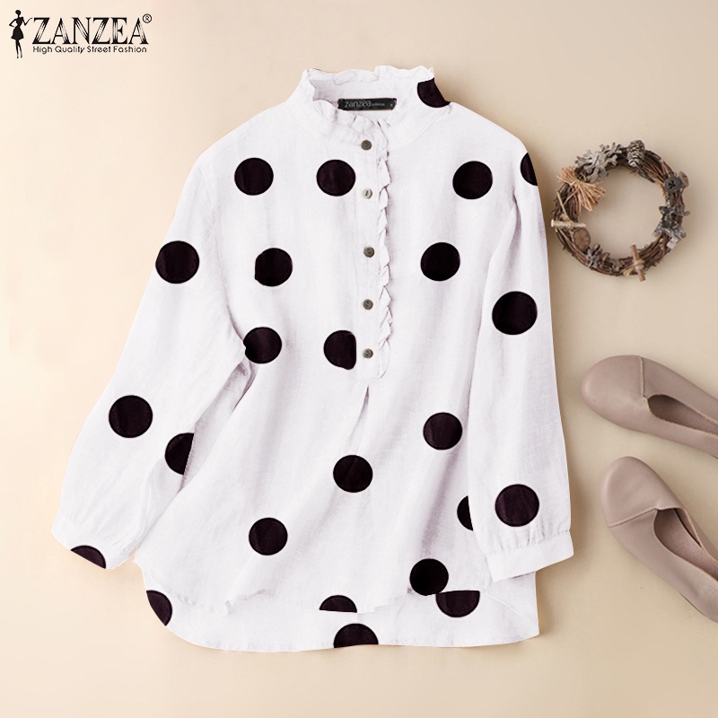 Zanzea Áo Tay Dài Cổ Đứng Nhún Bèo Họa Tiết Chấm Bi Dành Cho Nữ