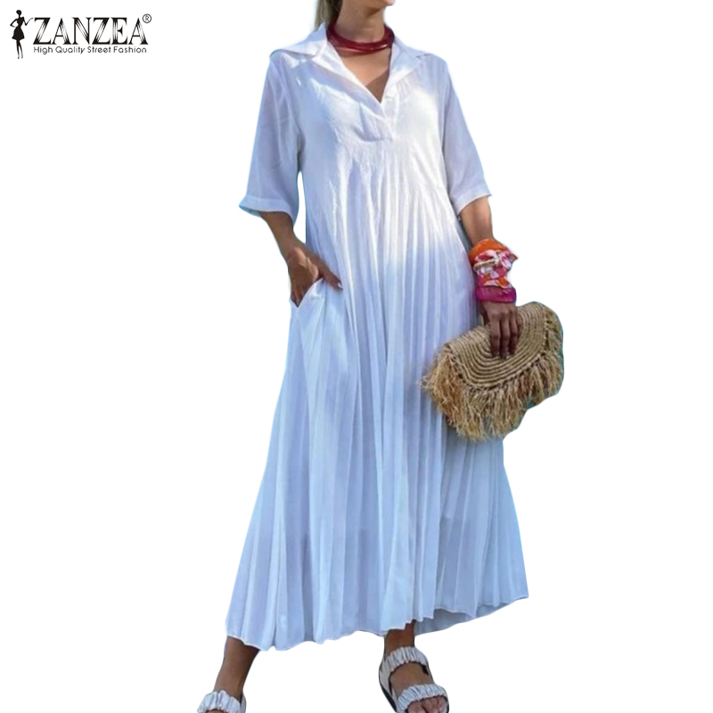 Đầm ZANZEA tay lỡ cổ bẻ phối xếp ly màu trơn có túi bên hông thời trang ngày thường cho nữ