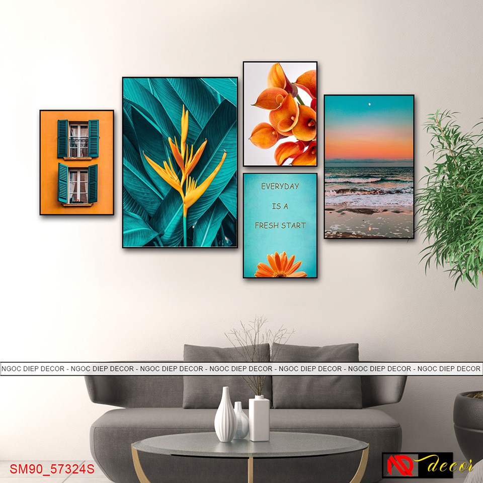 SET 5 tranh dán tường phong cách Châu Âu Nhẹ Nhàng Tinh tế, Chất Liệu Gỗ Nhựa chống nước kèm băng dính xốp