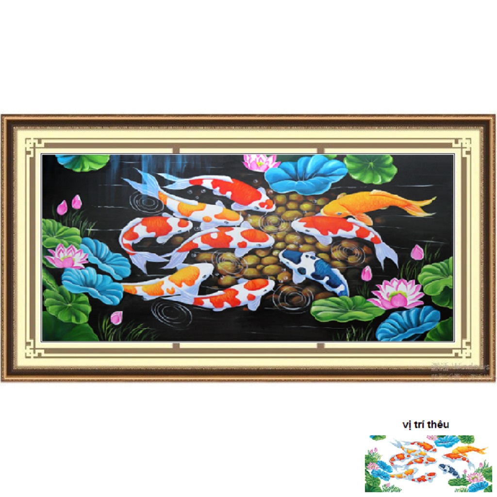 Tranh thêu chữ thập Cửu Ngư Quần Hội - Tranh thêu chữ thập LV3042, Kích thước 99 x 55cm