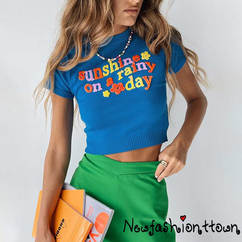 NFashion-Female T-Shirt, Letter Flower Patterns Crew Neck Short Sleeve Knitted Crop Tops Summer Outfit, S/M/L
