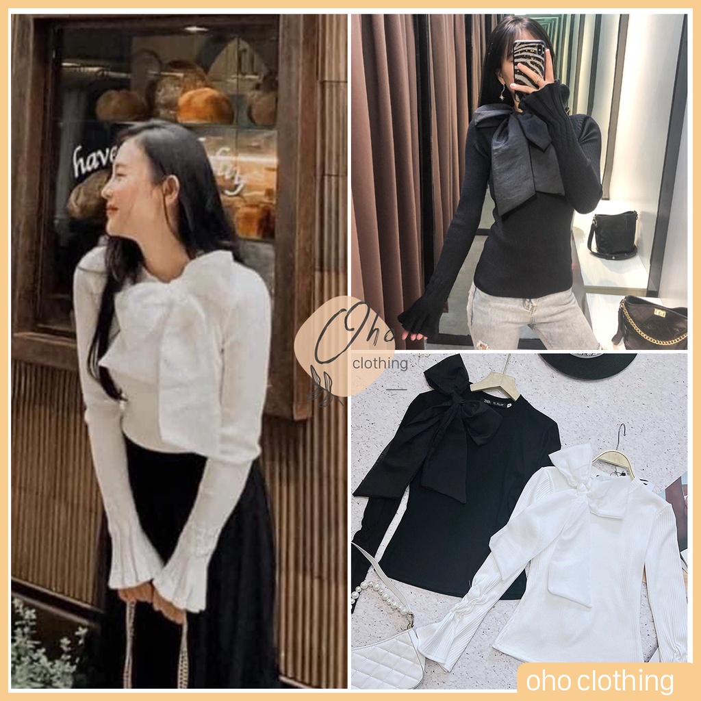 Áo Len Tăm Dài Tay Nơ Cổ Thu Đông, Áo Thun Nữ Dáng Ôm Co Giãn Tiểu Thư OHO CLOTHING - Hàng mới về