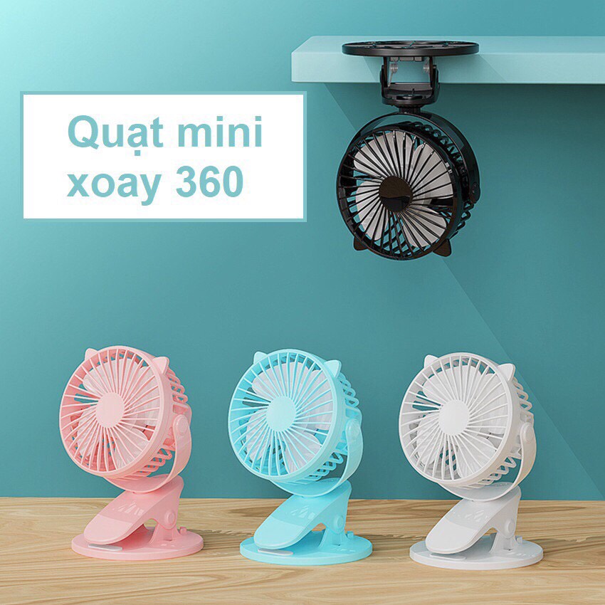 Quạt mini kẹp bàn sạc tích điện, có chế độ đèn ngủ - Xoay 360 độ - Đa năng, tiện dụng