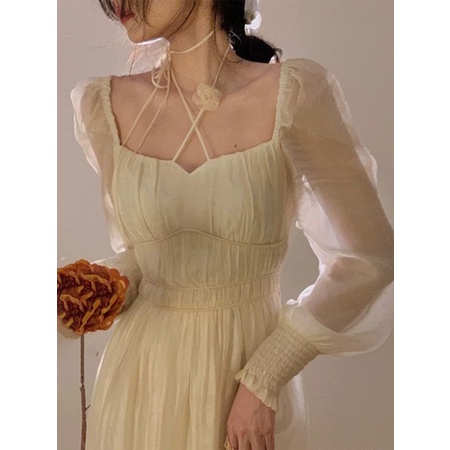 Váy Voan Cổ Vuông Tiểu Thư Dáng Dài Hàng Hot Tabao