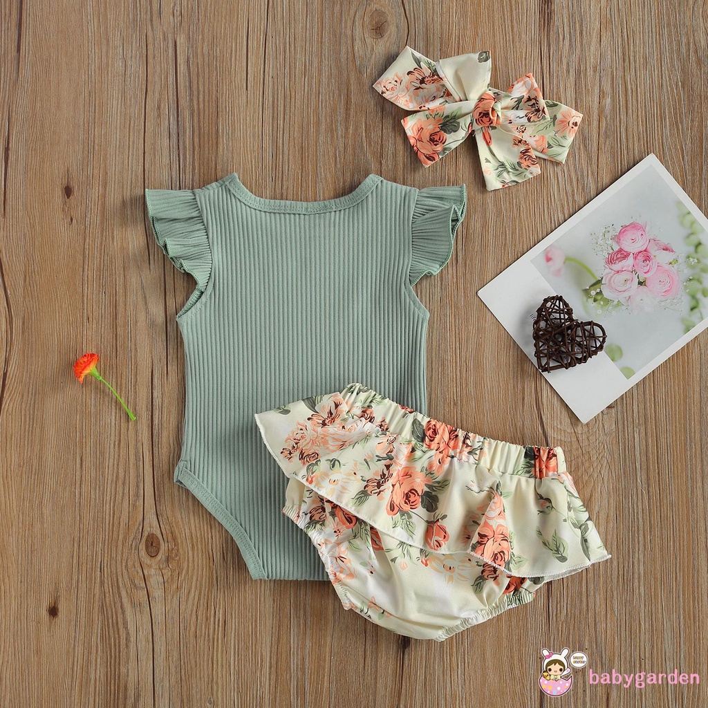 Bộ Áo Liền Quần 3 Món In Chữ Gồm Áo Tay Cánh Tiên + Quần Short Hoa + Băng Đô Cho Bé Gái