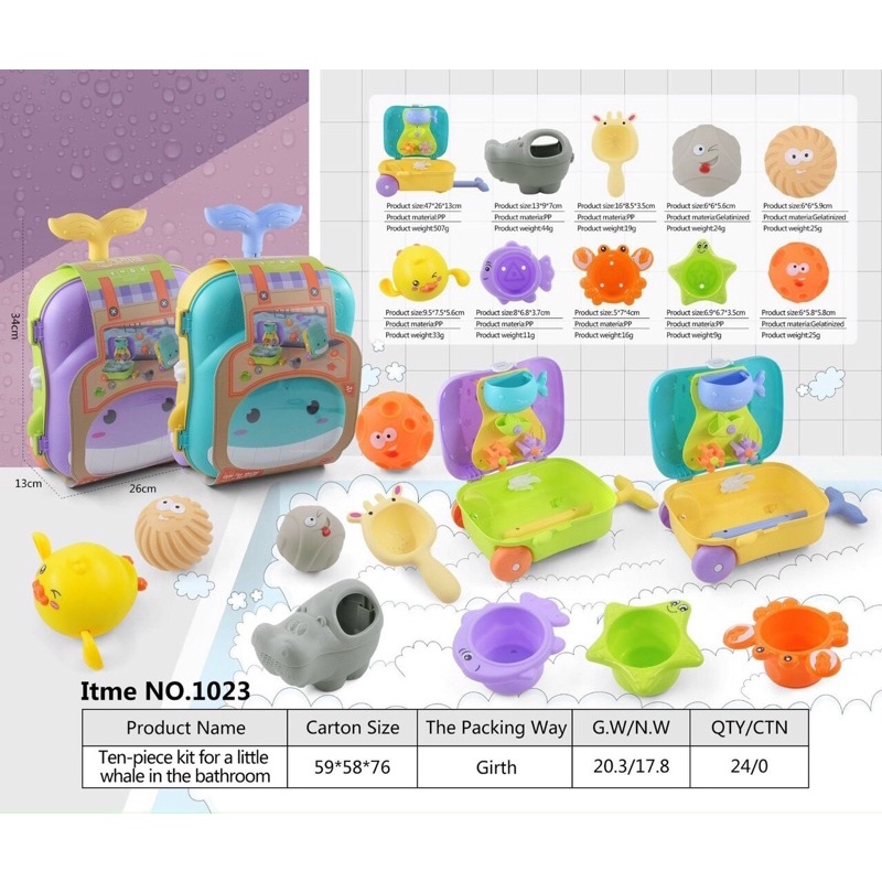 Đồ chơi nhà tắm , vali xúc cát hình con vịt, cá heo 8,9 chi tiết