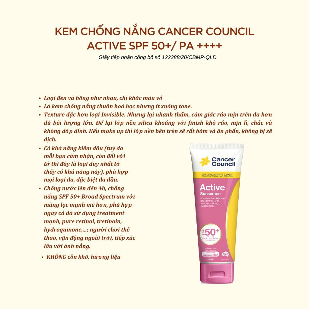 Kem Chống Nắng Cancer Council Active Pink Sunscreen SPF 50+/PA++++ UVA-UVB năng động 110ml