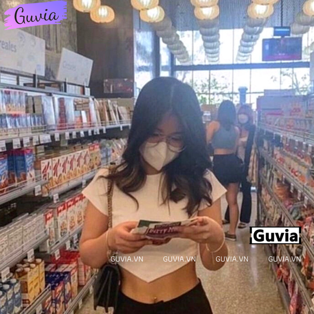 Áo Croptop TAY NGẮN VẠT NHỌN Nữ, Áo Thun Trơn Cổ Tròn Tay Ngắn Đẹp GUVIA  Mẫu Mới Về GUVIA CR41