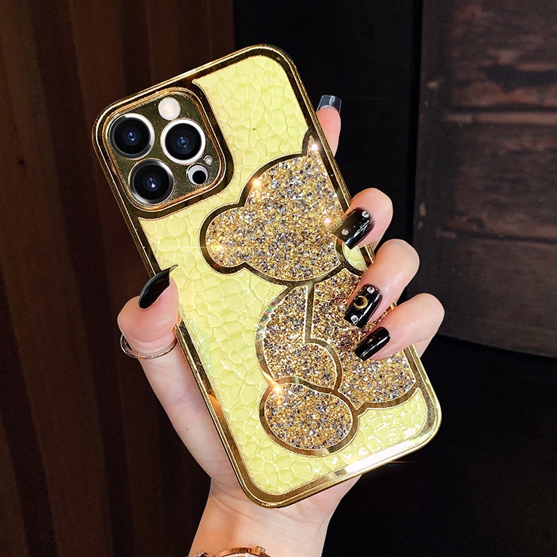 Glitter diamond bear bling phone case cho iphone 14 12 11 13 pro max vỏ da mạ sang trọng Ốp điện thoại silicon mềm