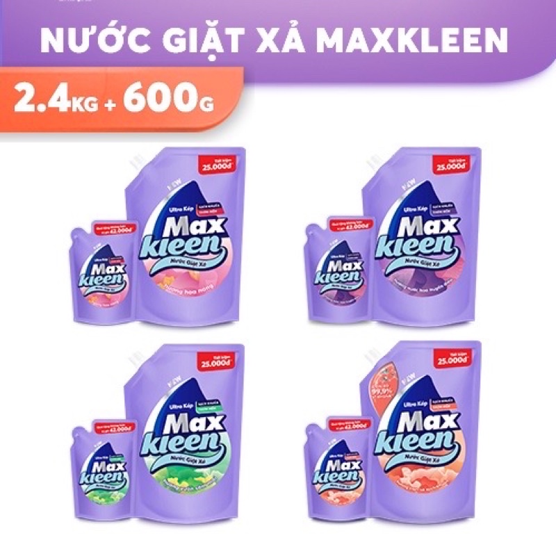 Nước Giặt Xả Max Kleen Hương Nước Hoa Huyền Diệu 2,4kg/Sớm mai/hoa nắng/cam xả -Thiên nhiên 2.2kg tặng túi 600g