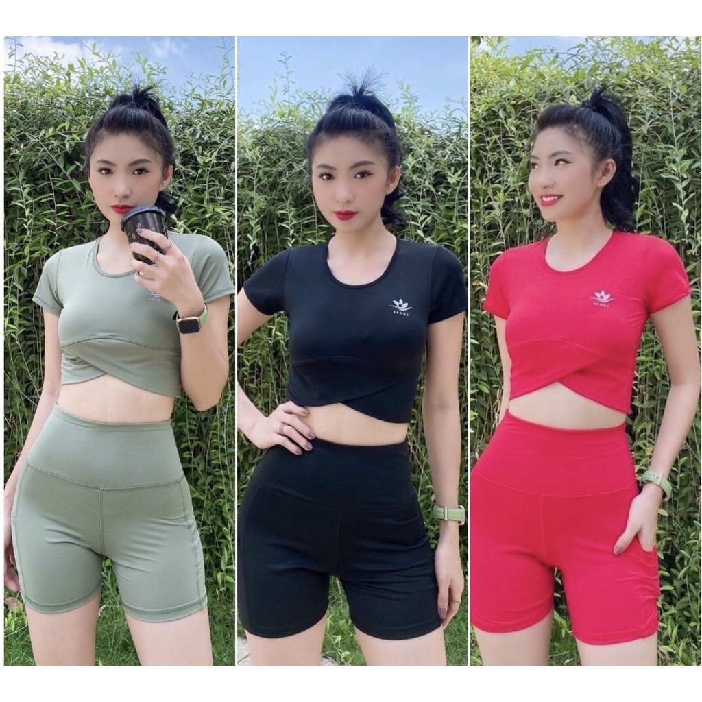 Bộ quần áo tập gym yoga nữ áo croptop có mút ngực quần legging lửng nâng mông đồ tập gym yoga nữ ( Bộ croptop đùi)