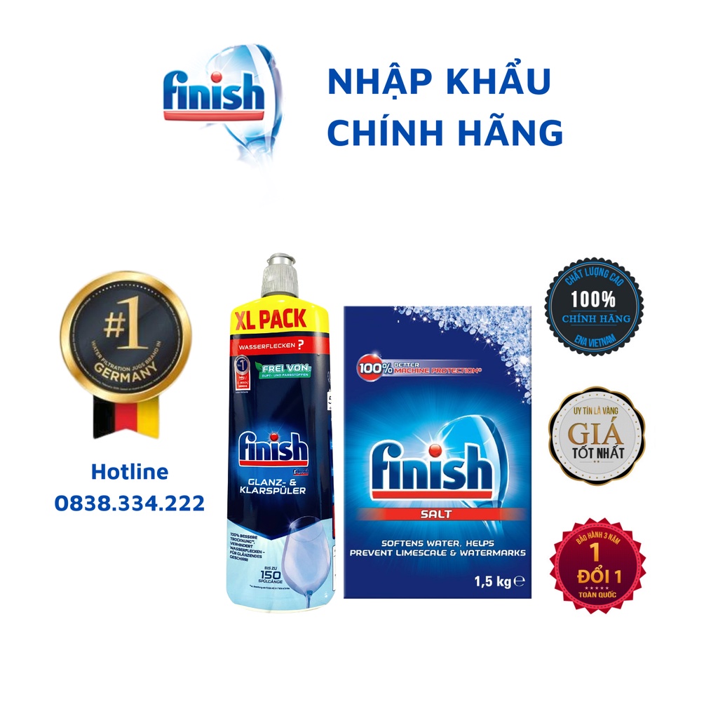 [HCM] Combo Muối rửa bát Finish 1.5kg + Nước làm bóng finish 750ml Nhập khẩu Chính hãng