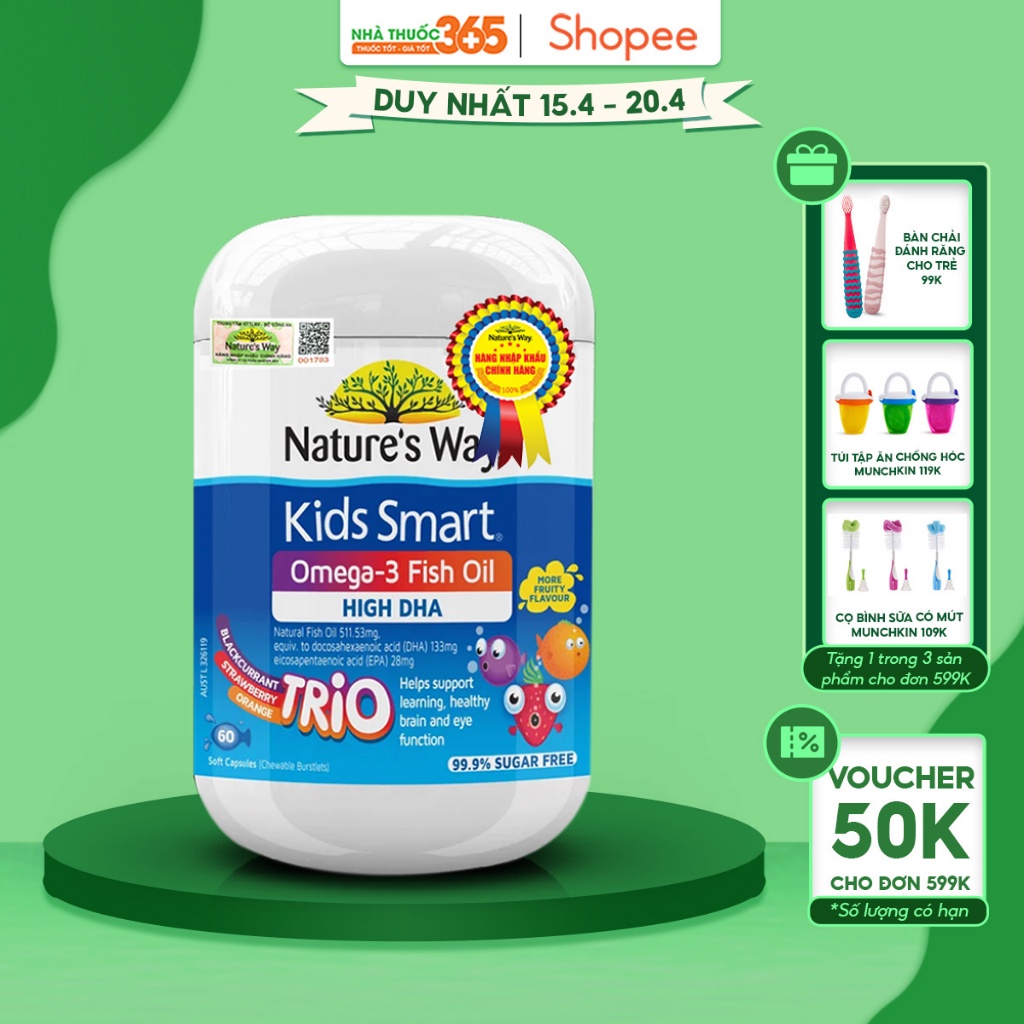 Viên Uống Dầu Cá Nature's Way Omega-3 Fish Oil Trio Bổ Sung DHA Cho Bé Phát Triển Trí Tuệ Cho Bé  - Hộp 60 Viên