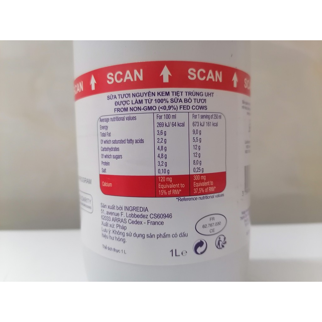 [Chai 1 Lít – (ĐỎ) Nguyên kem] Sữa tươi tiệt trùng [France] PROSPERITE UHT Whole Milk
