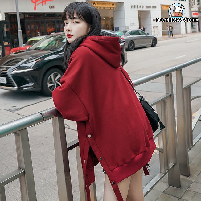 Áo hoodie dày dáng rộng màu đỏ thời trang mùa thu cho nữ