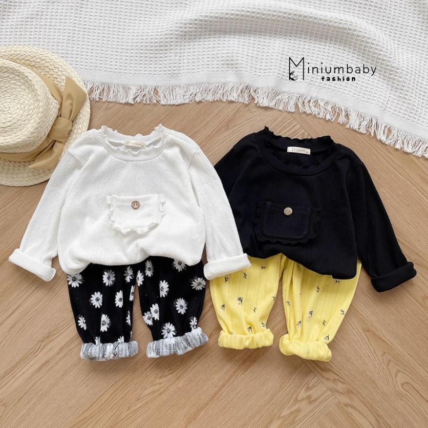 Bộ đồ dài tay quần dài thu đông cho bé gái chất liệu 100% cotton, set quần áo trẻ em Miniumbaby SB1284