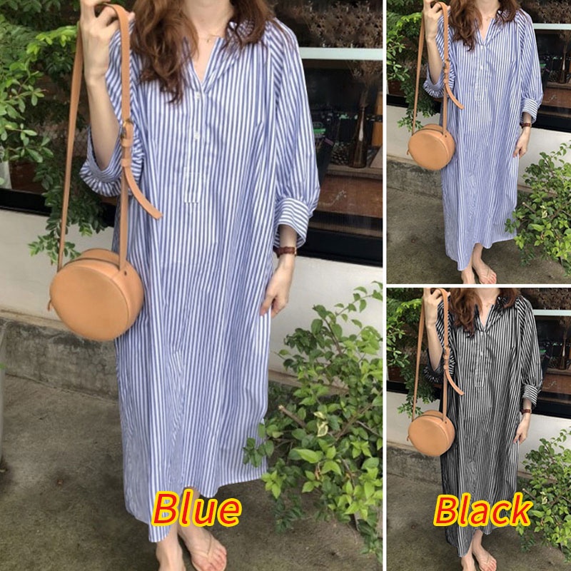 Đầm dài Zanzea tay 3/4 cổ tròn xẻ tà kẻ sọc thời trang dành cho nữ