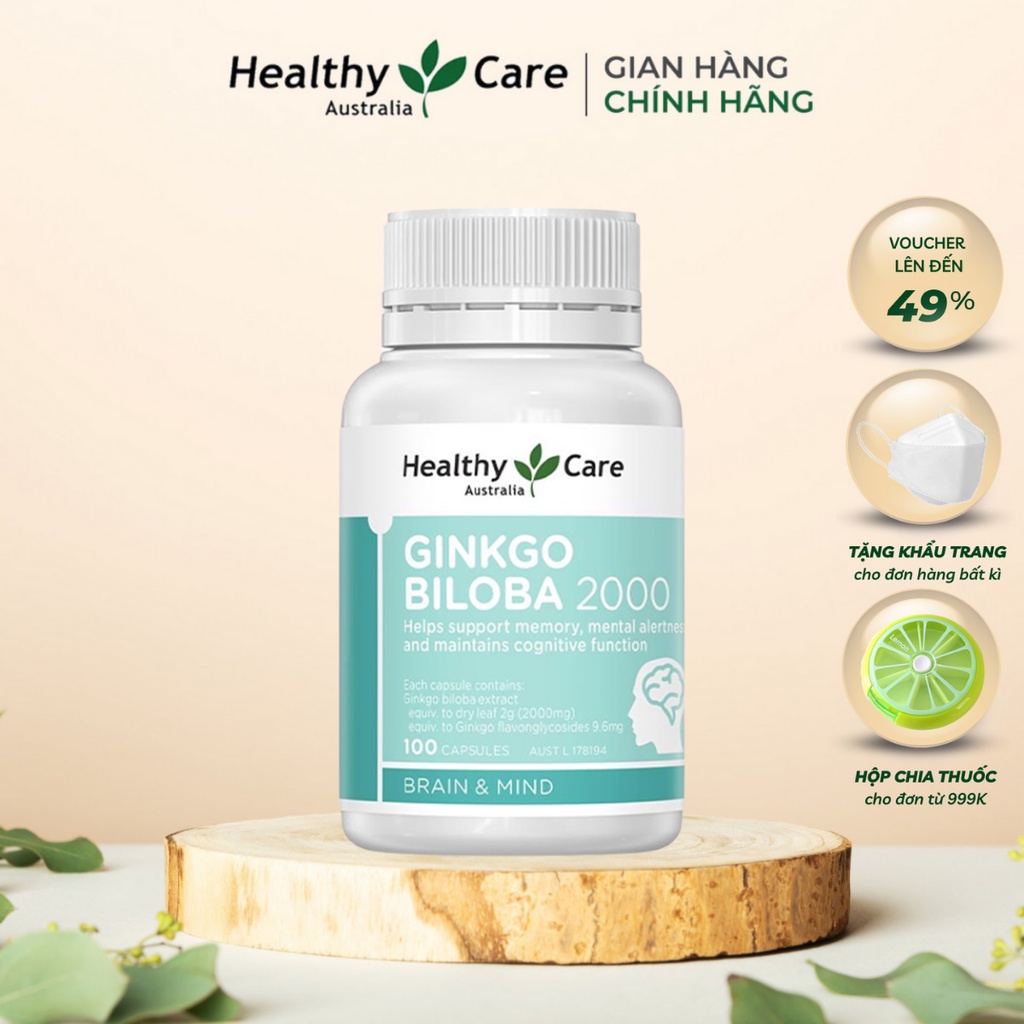 Bổ Não Ginkgo Biloba Healthy Care Úc 100 Viên, Viên Uống Tăng Cường Tuần Hoàn Não Và Cải Thiện Trí Nhớ