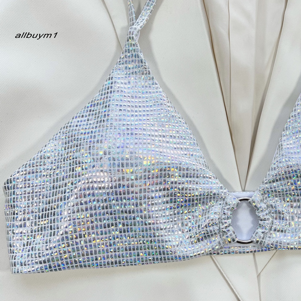 Bộ Bikini Hở Lưng Màu Sắc Lấp Lánh Có Vòng Kim Loại Dành Cho Nữ