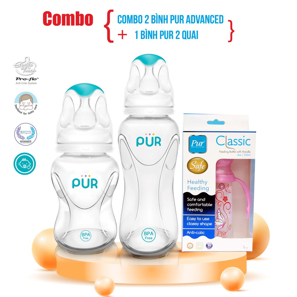 Combo 2 bình sữa Pur Advanced 125ml và 250ml + bình Pur 2 quai 250ml