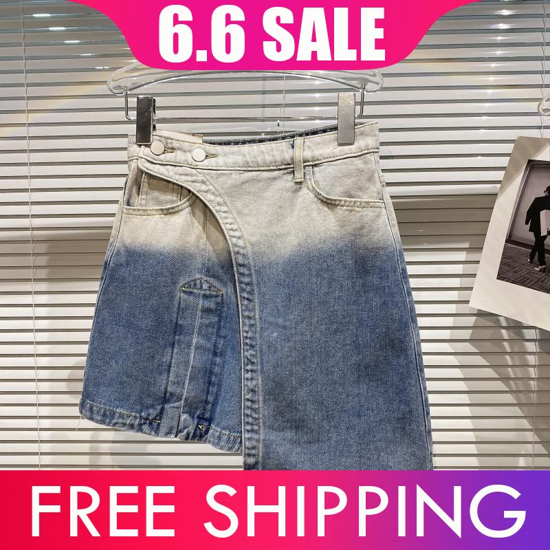 Chân váy denim giả hai lớp thiết kế viền không đối xứng phong cách thời trang mùa hè 2022 cho nữ