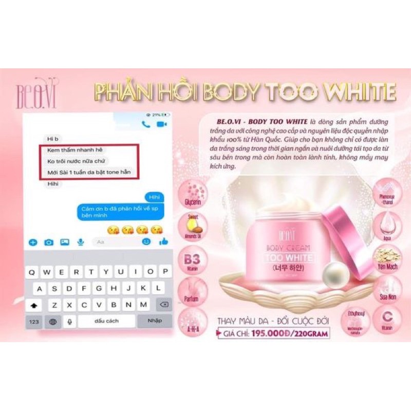 Kem body Beovi Too White siêu trắng hồng mịn da, dưỡng trắng nhanh, dưỡng ẩm, thấm - không bết - không rít, kem dưỡng da | BigBuy360 - bigbuy360.vn