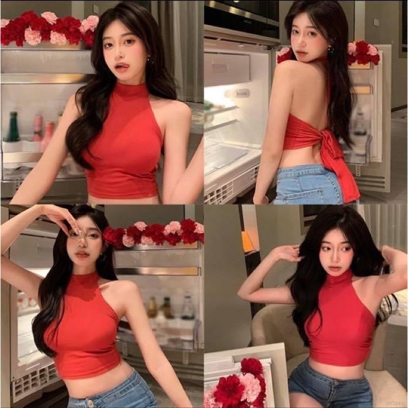 Áo yếm cột nơ cổ croptop kiểu hở lưng ôm body trơn đỏ - Order taobao quảng châu