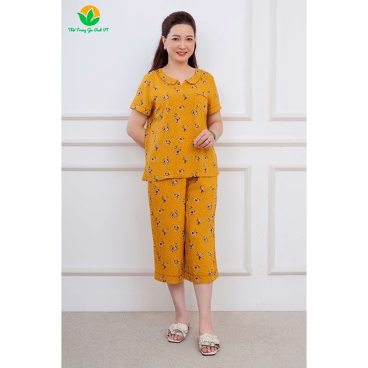 Bộ lanh nữ quần lửng áo cộc tay cổ lá sen B06.2207